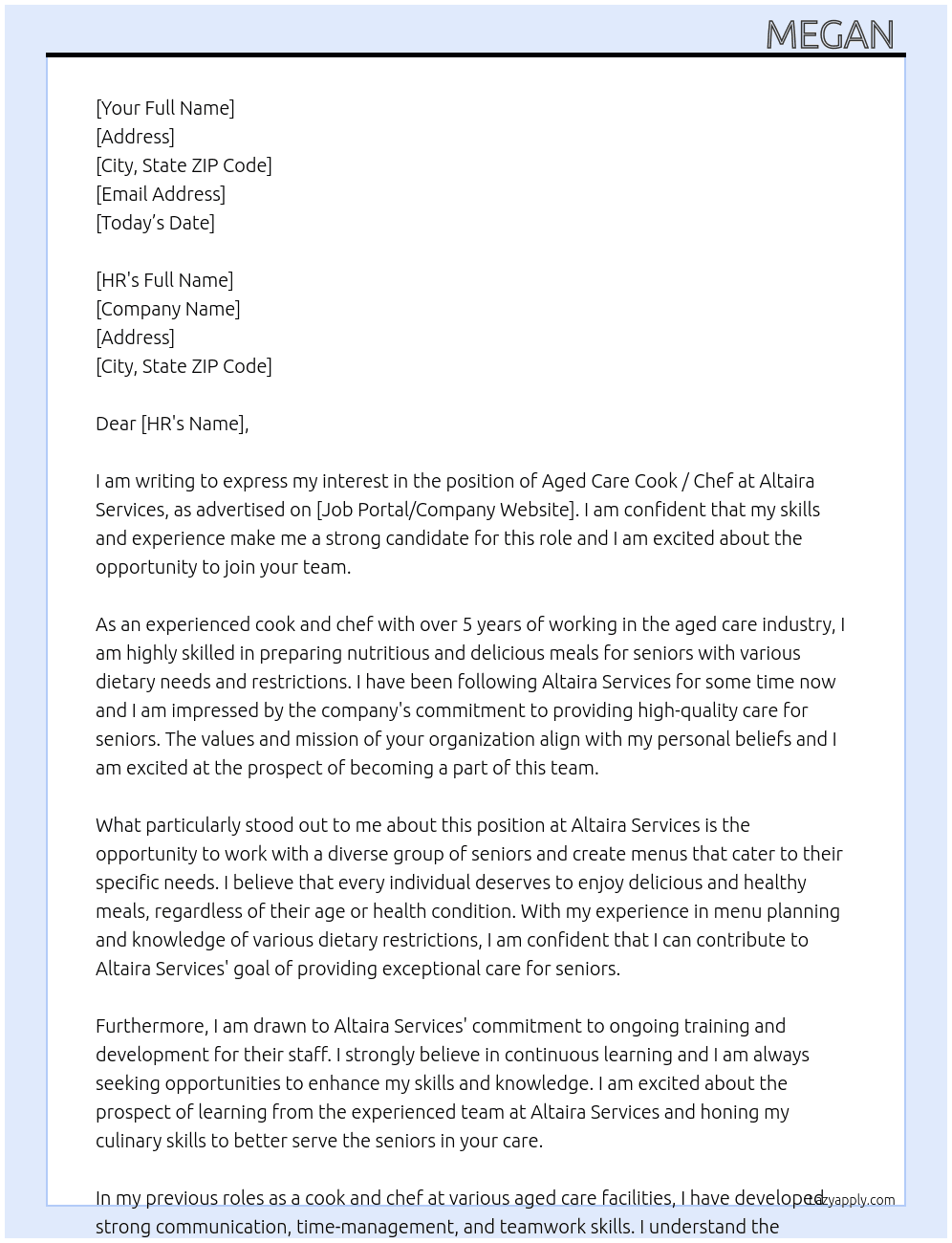 Aged care cook / chef  At Altaira Services  Cover Letter