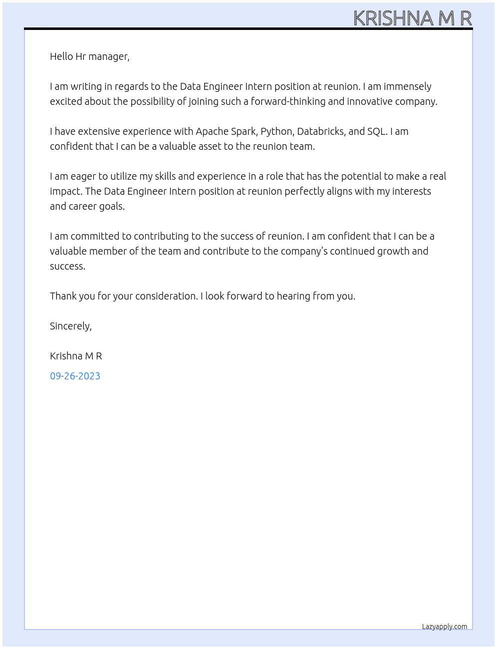 Data Engineer Intern At reunion Cover Letter