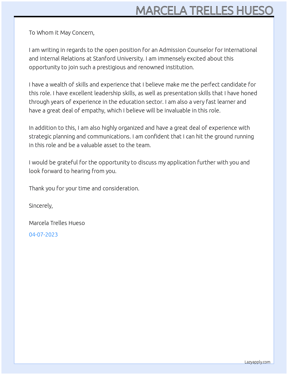 Admission Counselor for International and Internal Relations At Stanford University Cover Letter