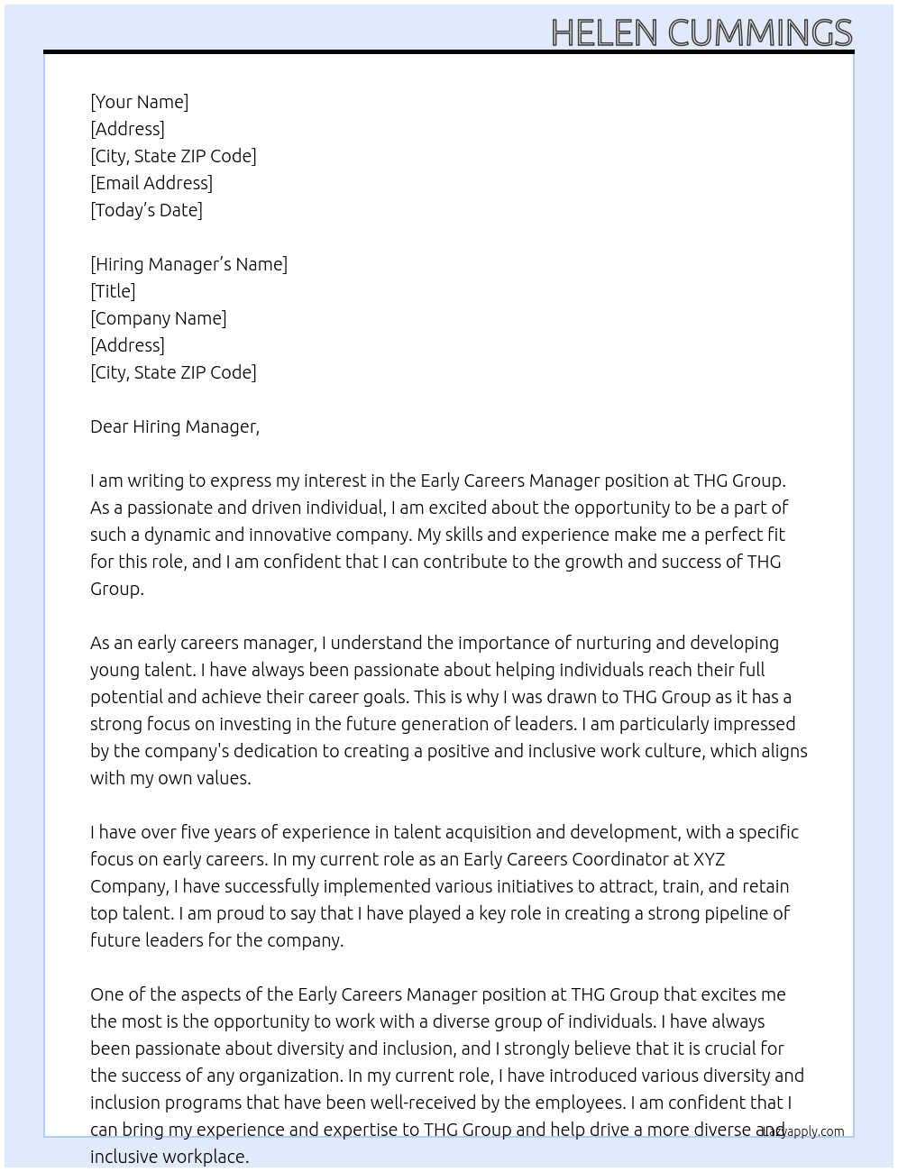 Early Careers Manager At THG Group Cover Letter