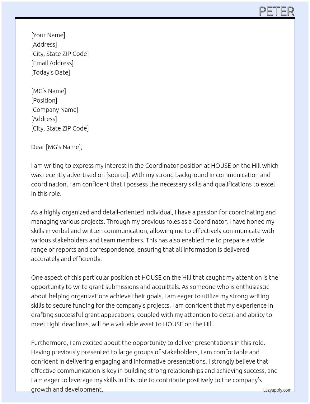 Coordinator At HOUSE on the Hill Cover Letter