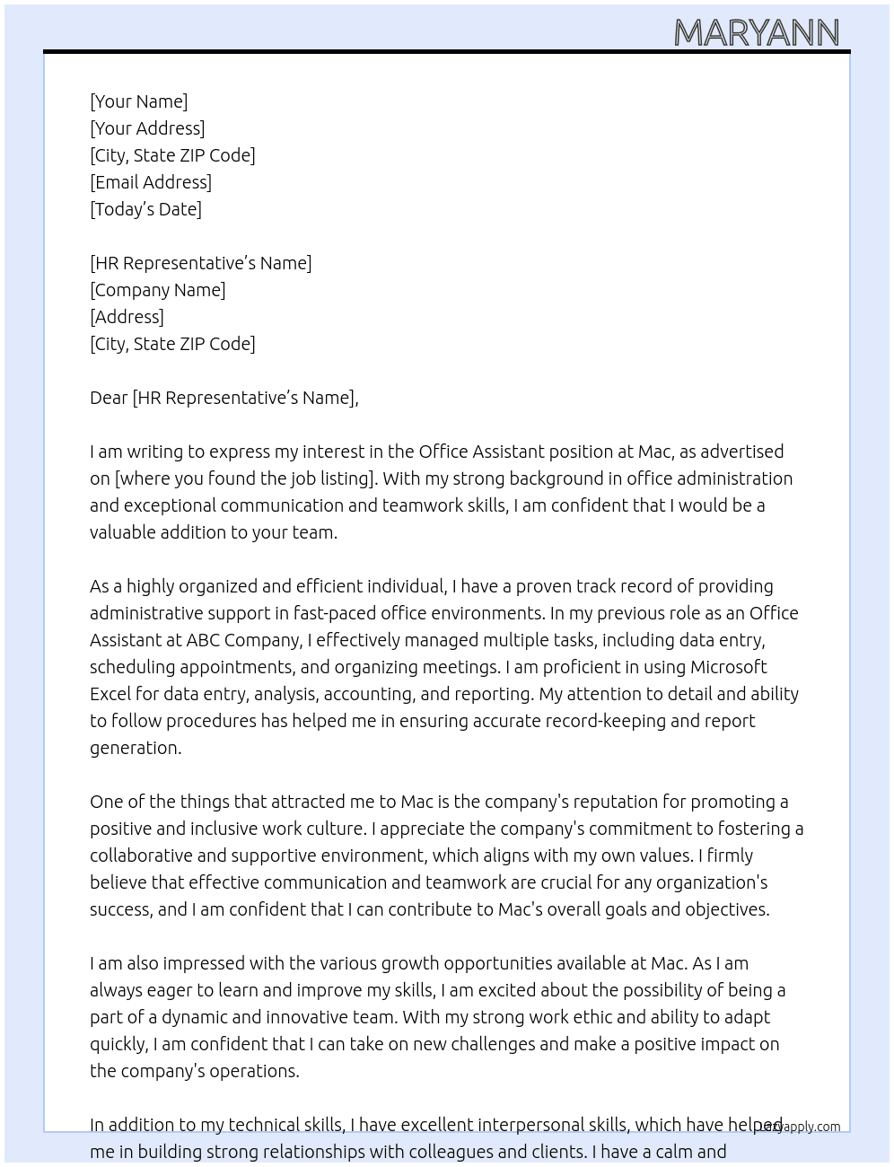 Office Assistant  At Mac Cover Letter