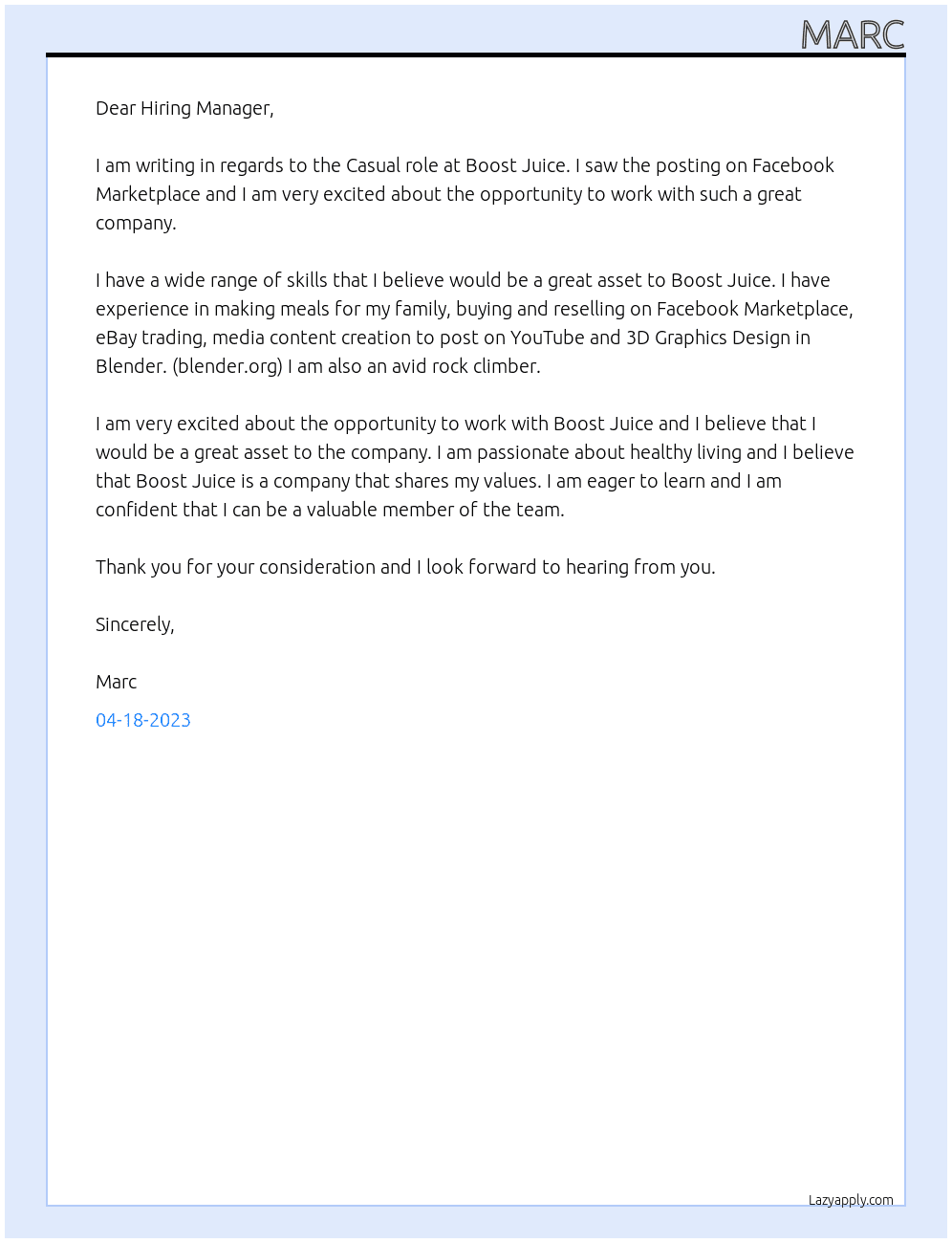 Boost Juice At Boost Juice Cover Letter