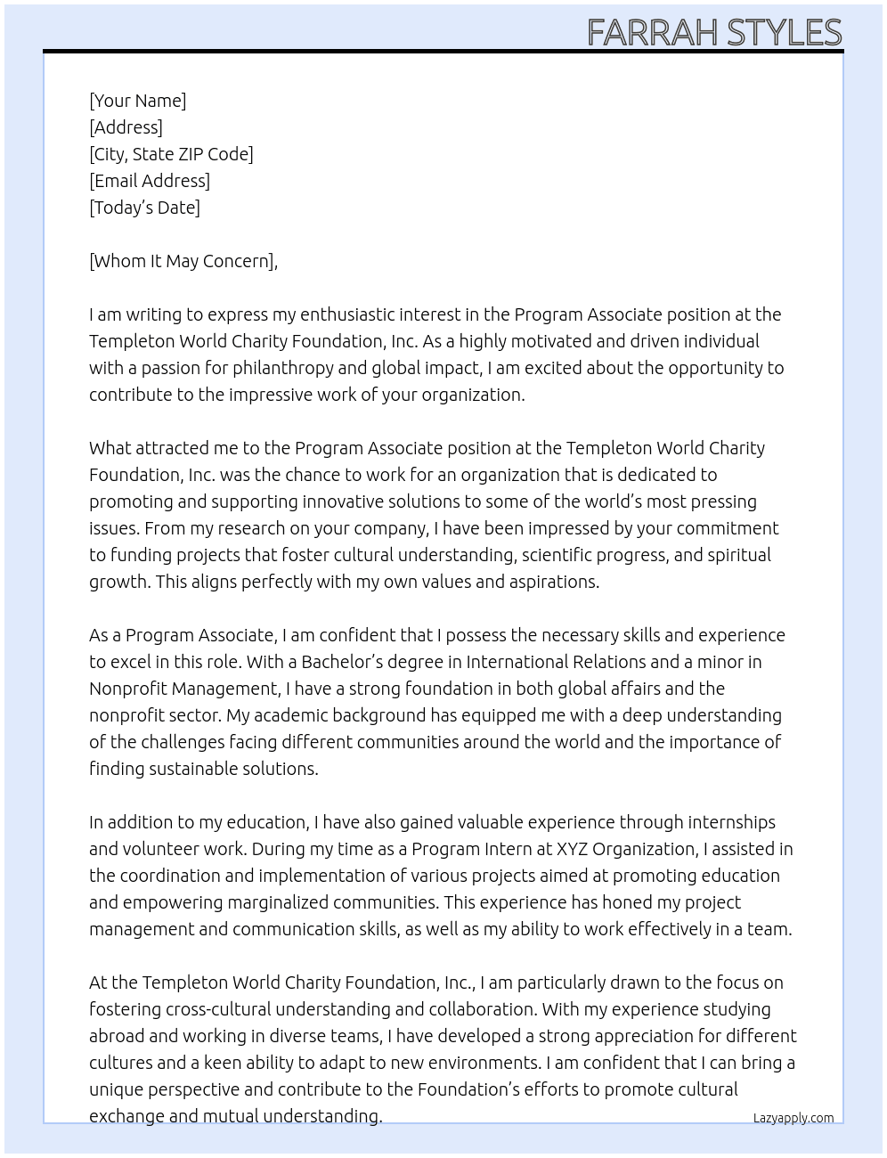 Program Associate At Templeton World Charity Foundation, Inc. Cover Letter