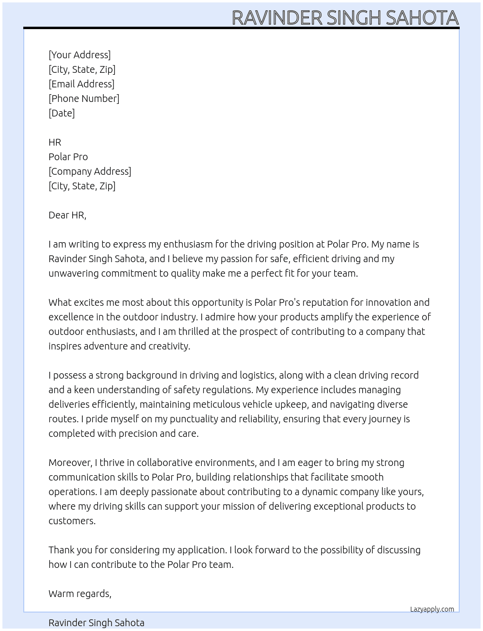 driving At polar pro Cover Letter