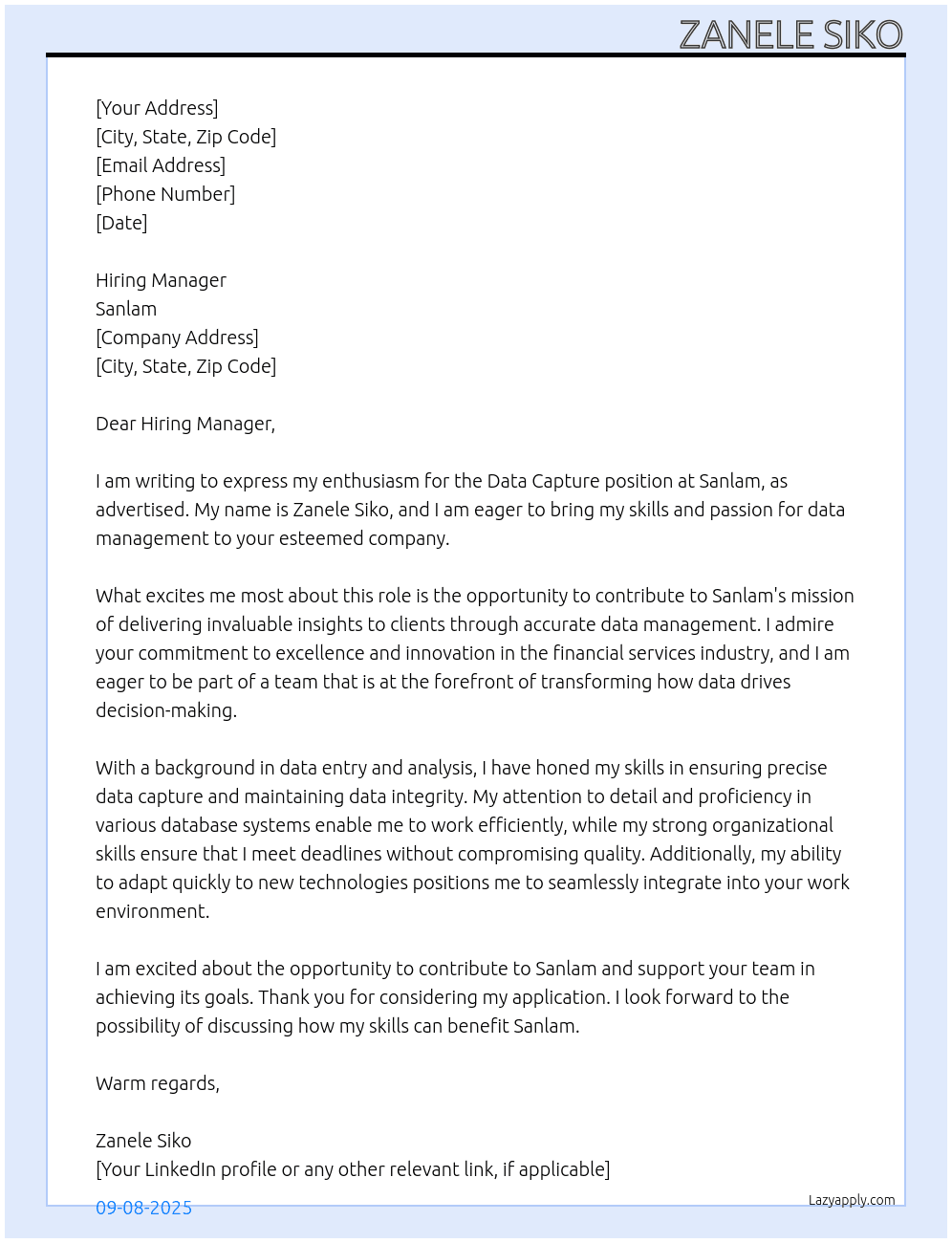 Data capture  At Sanlam Cover Letter