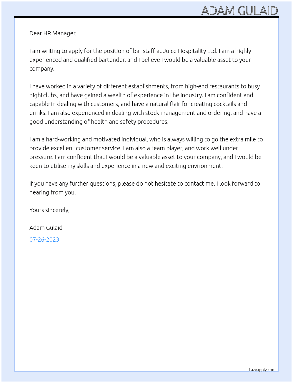 bar staff At Juice Hospitality Ltd Cover Letter