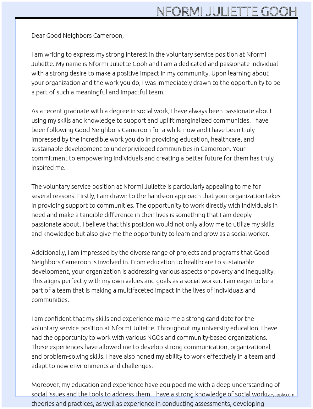 Voluntary service  At Nformi Juliette  Cover Letter