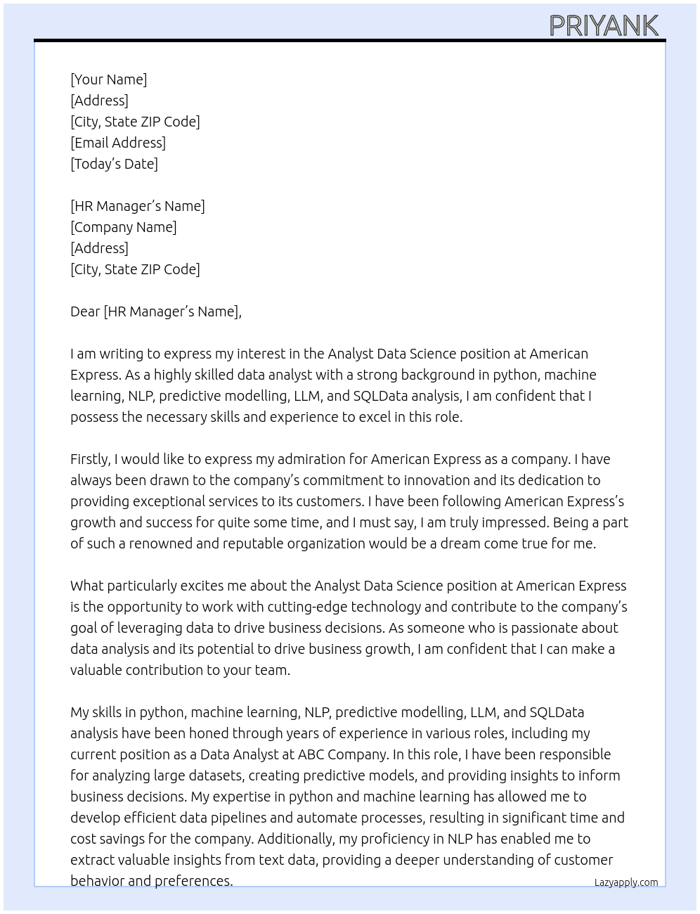 Cover letter for analyst - data science - LazyApply