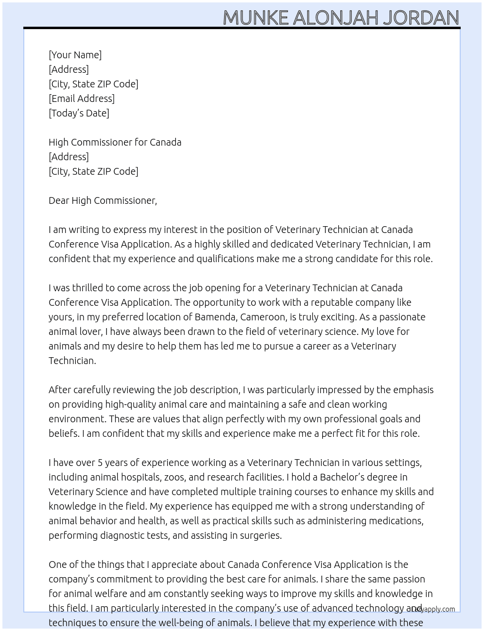 Veterinary technician At Canada conference visa application Cover Letter