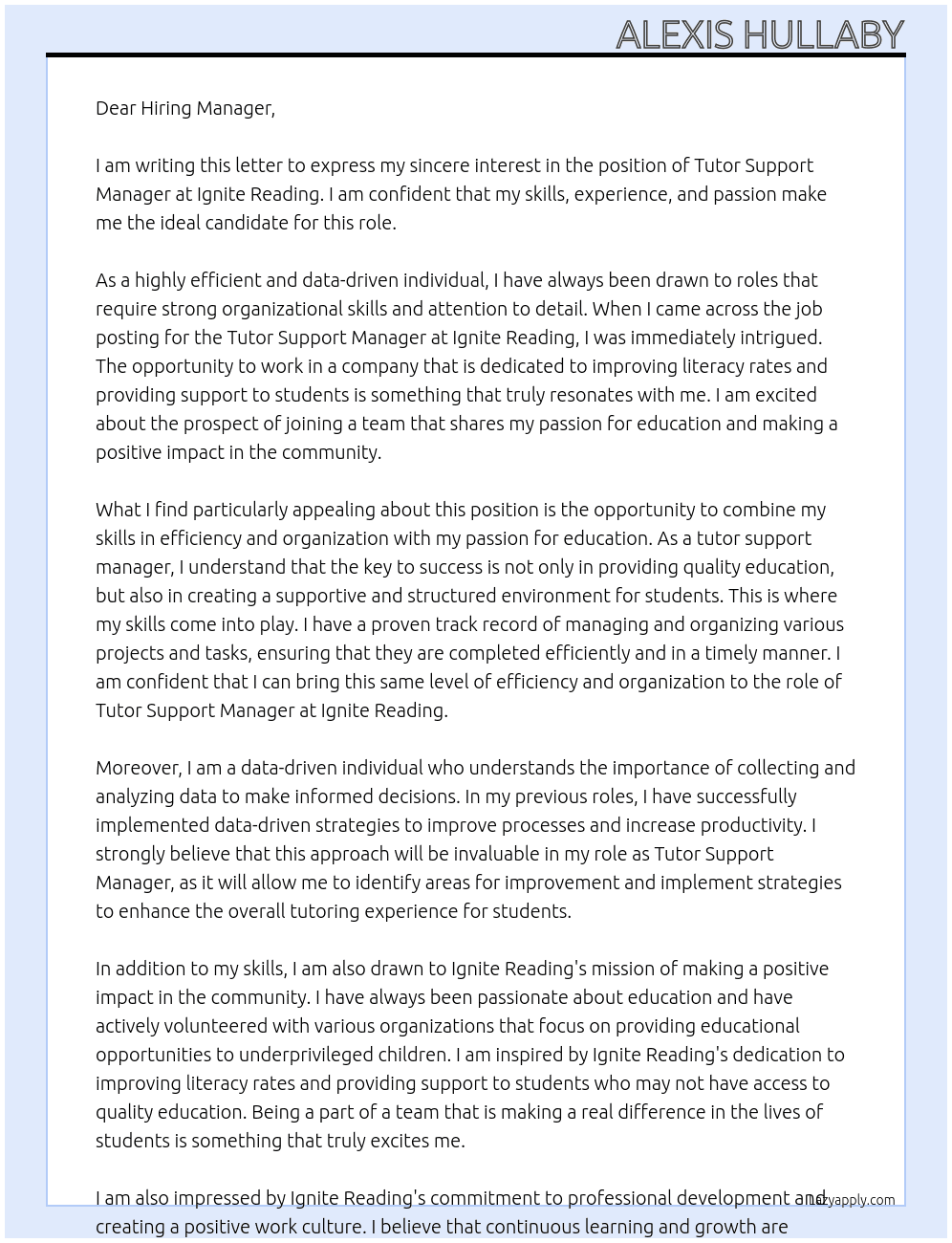Tutor support manager At Ignite Reading Cover Letter