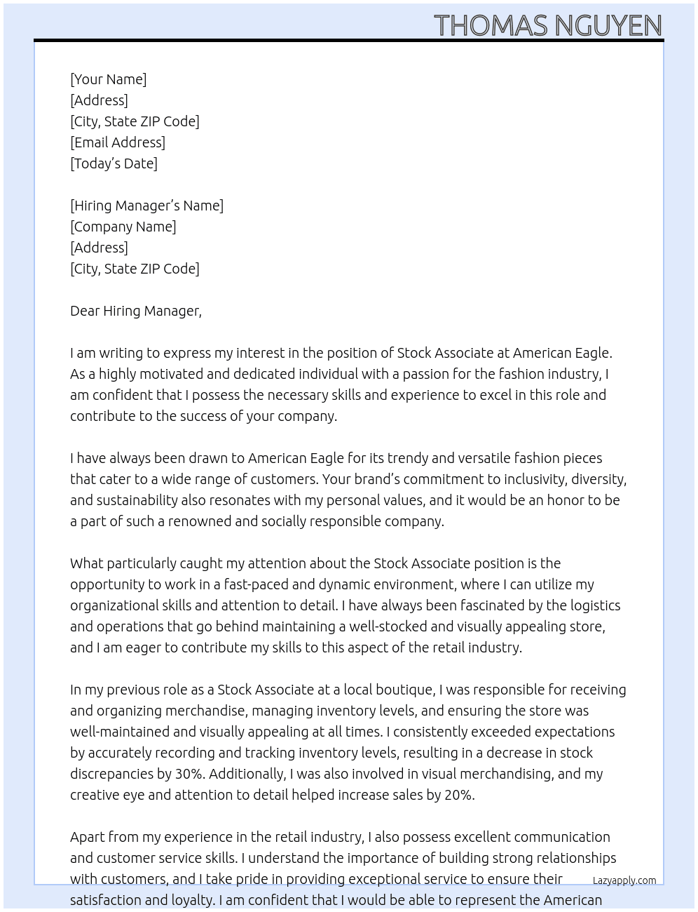 Stock Associate At American Eagle Cover Letter
