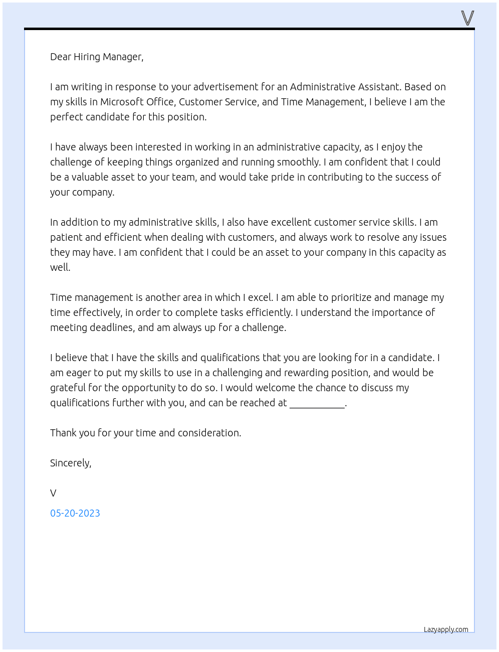Administrative Assistant At Von Cover Letter
