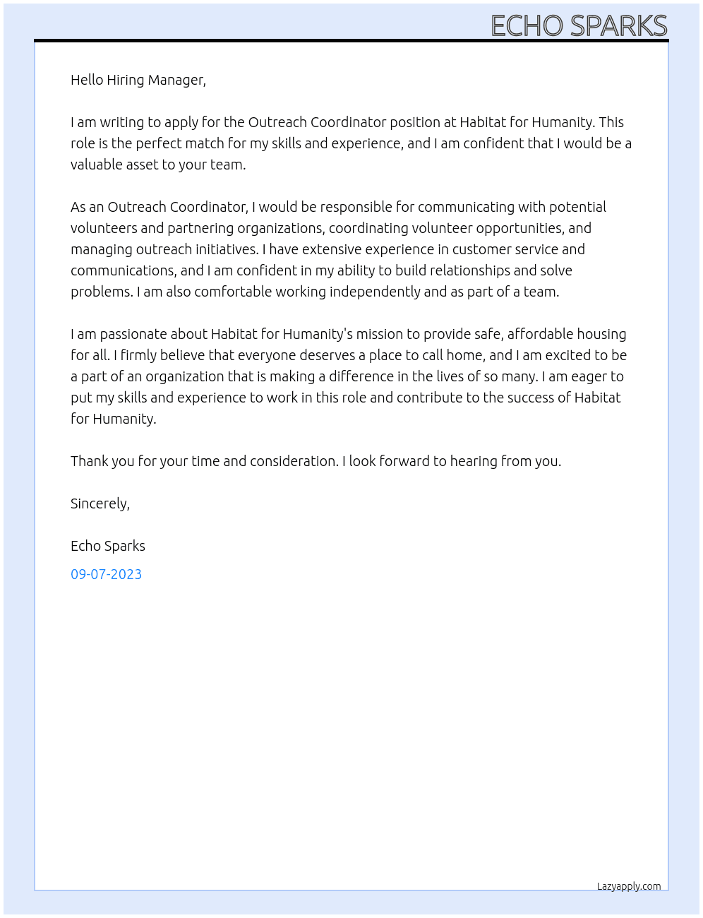 Outreach coordinator  At Habitat for Humanity  Cover Letter