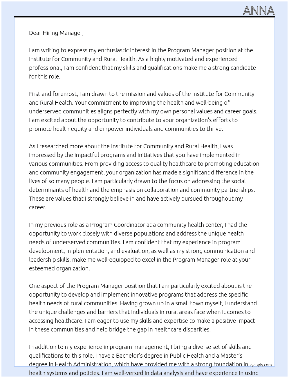 Program Manager At Institute for Community and Rural Health Cover Letter