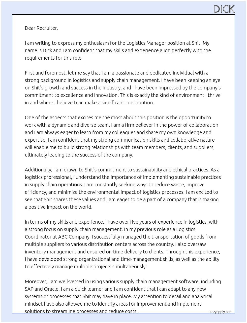 Logistics Manager At Shit Cover Letter