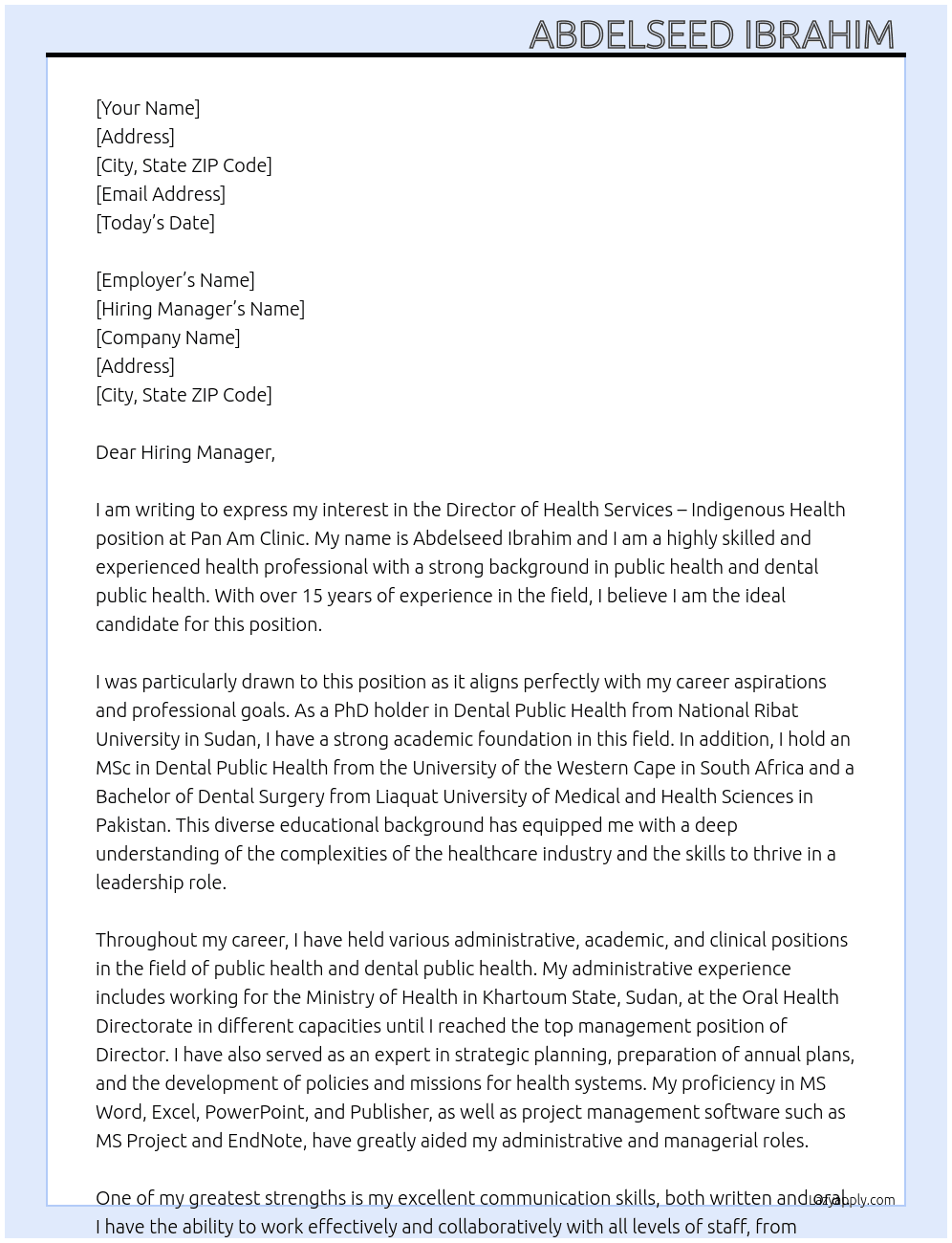 Director - Health Services - Indigenous Health At Pan Am Clinic  Cover Letter