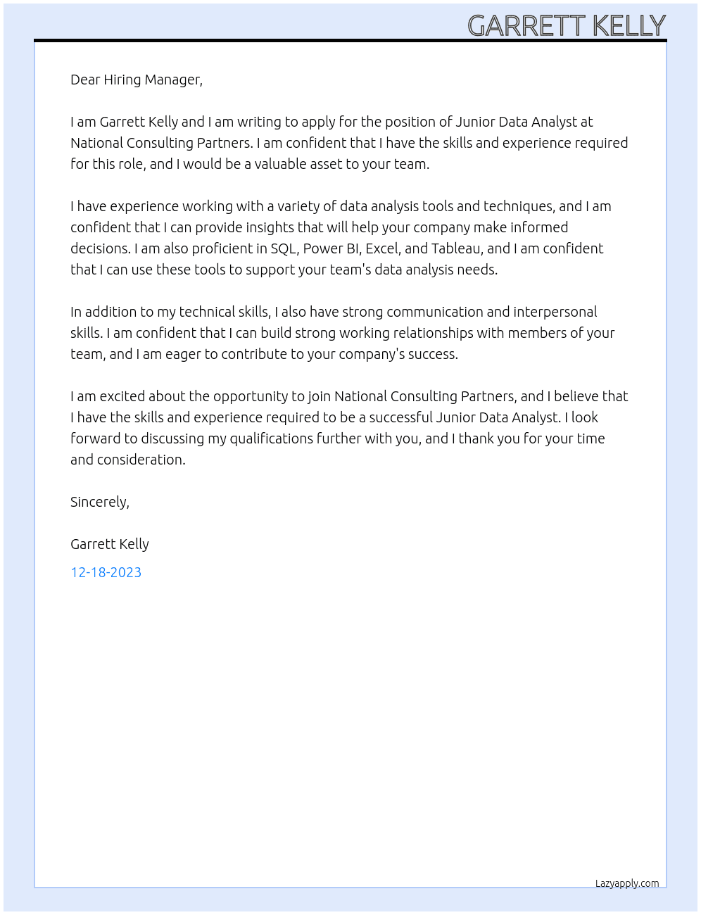 Junior Data Analyst At National Consulting Partners Cover Letter
