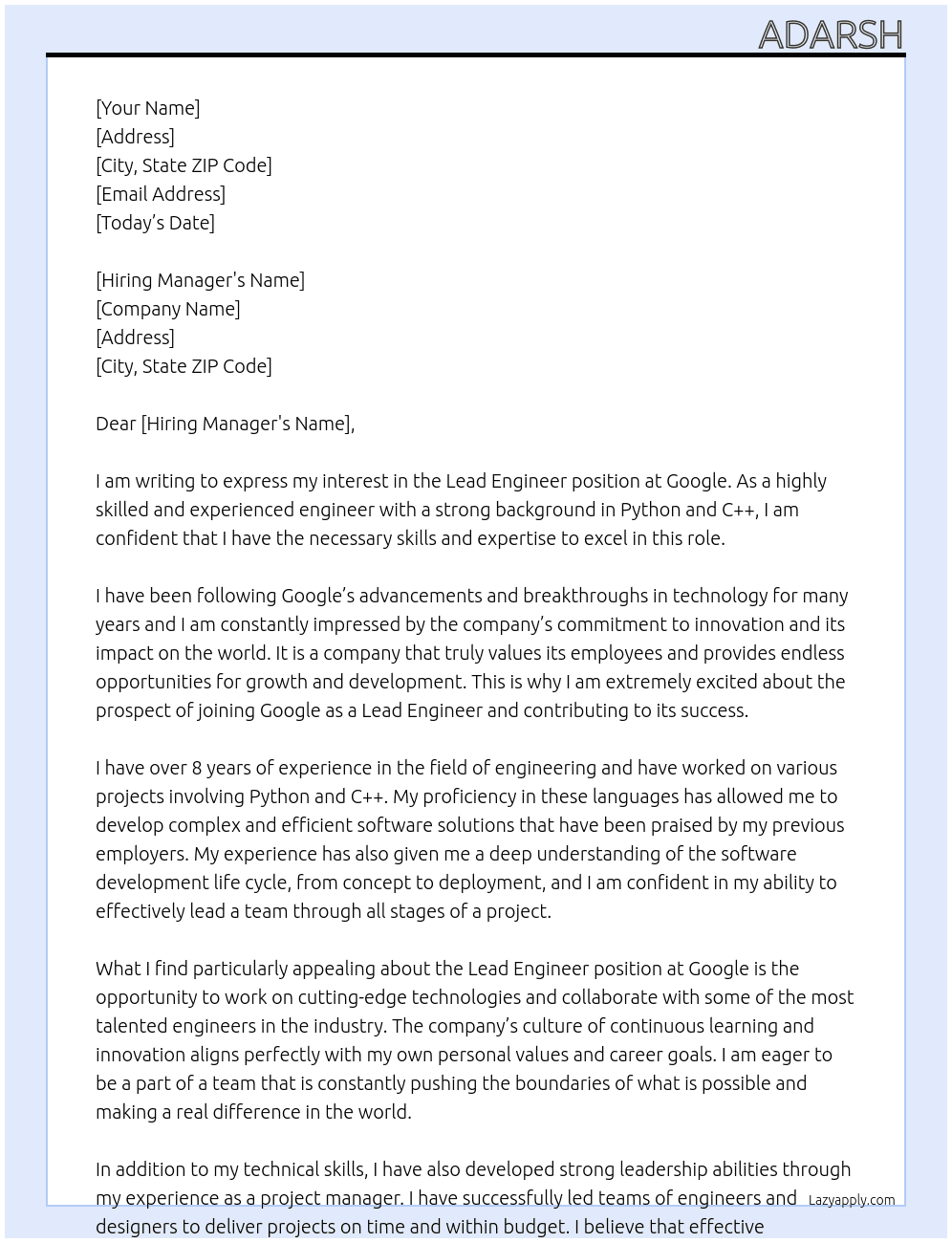 Lead Engineer At Google Cover Letter