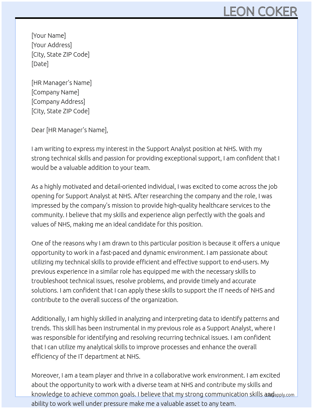 Support Analyst At Nhs  Cover Letter