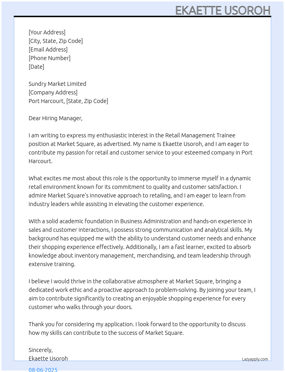 Retail Management Trainee  At Market square  Cover Letter