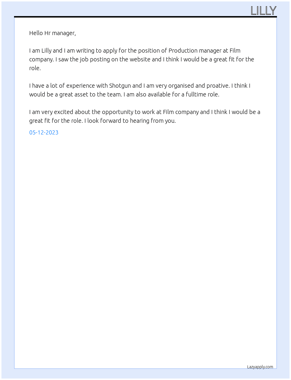 Production manager At Film company Cover Letter