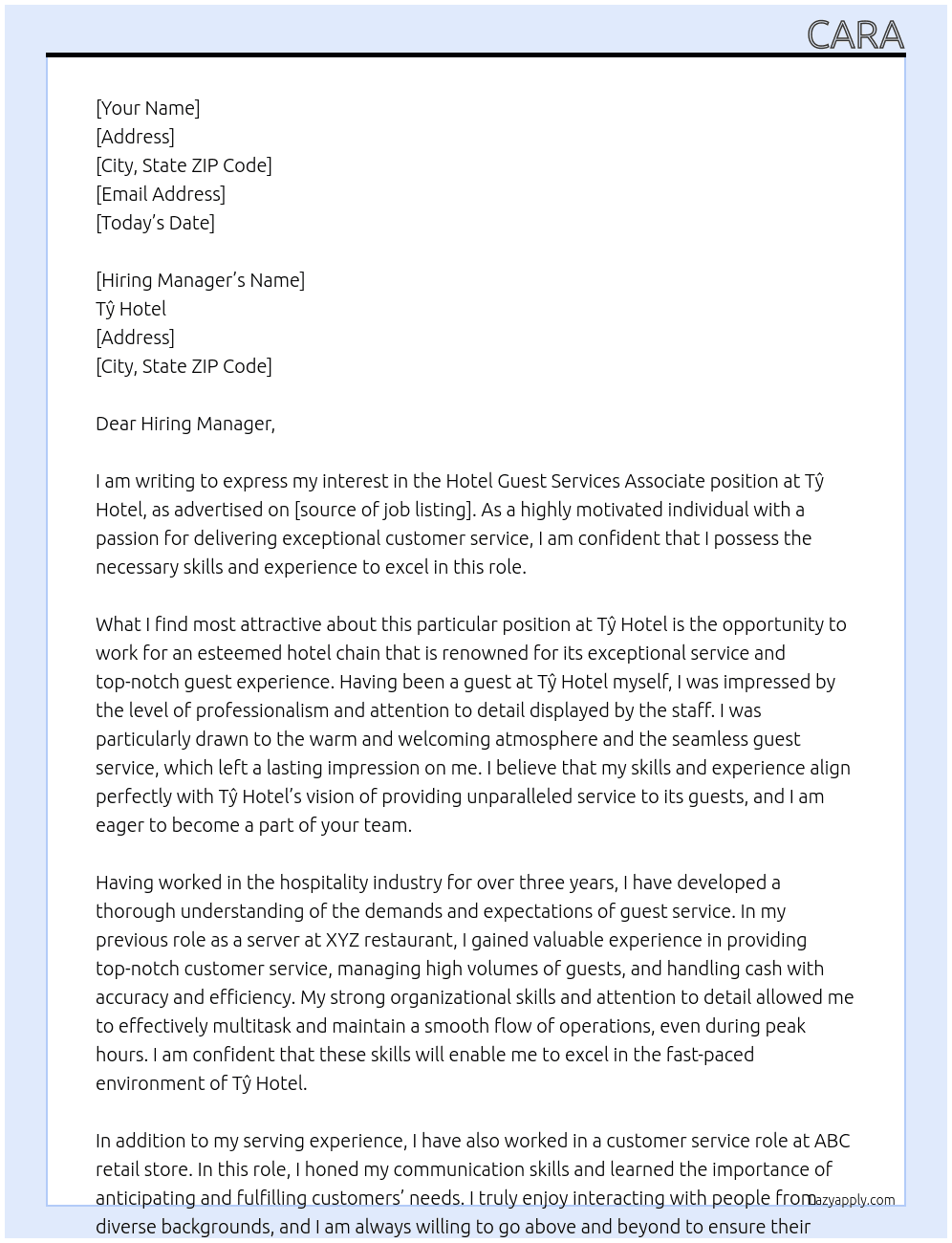 Hotel Guest Services Associate At Tŷ hotel Cover Letter