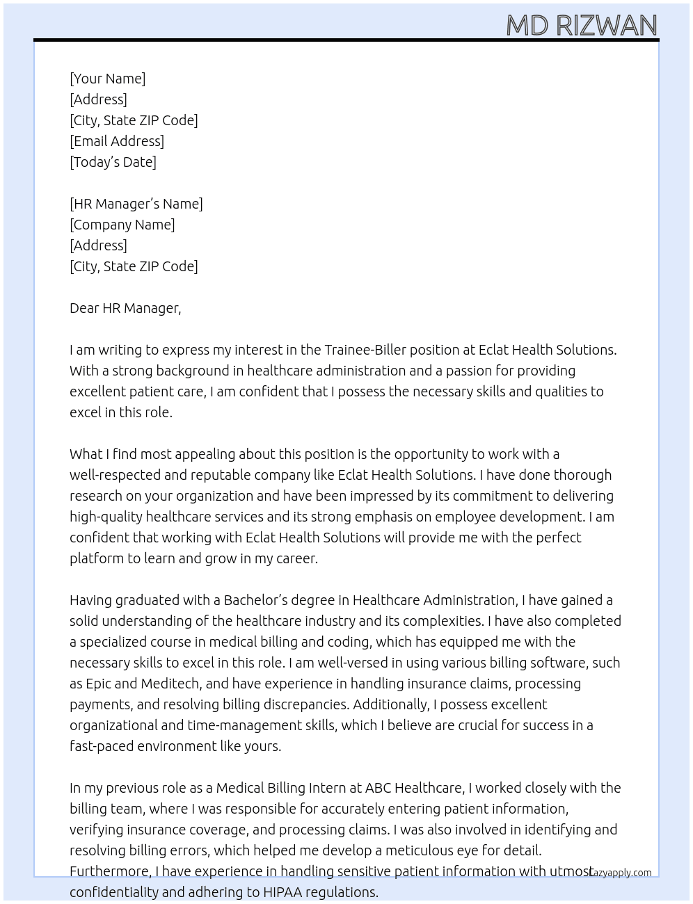Trainee-Biller At Eclat Health Solutions Cover Letter