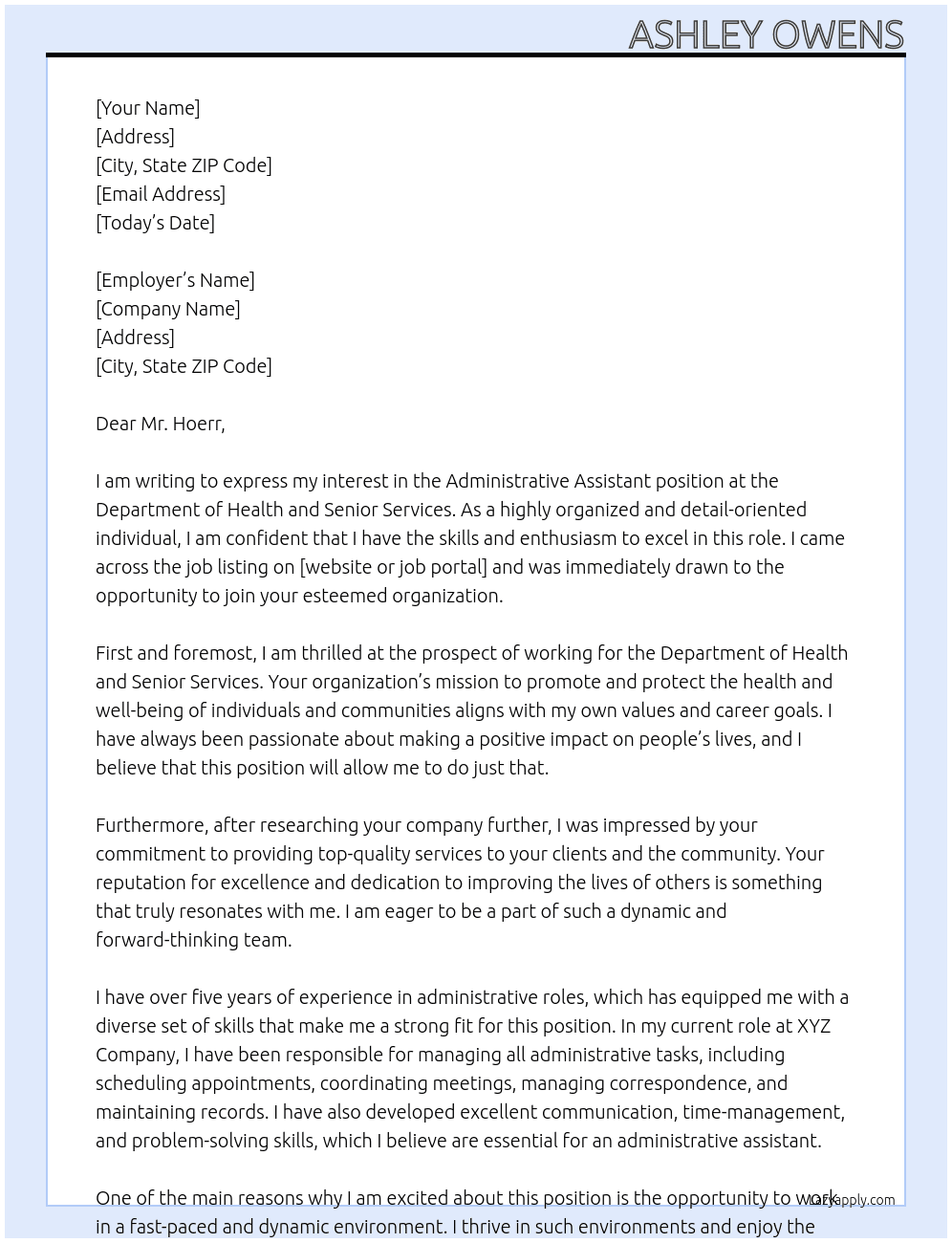 Administrative Assistant  At Department of Health and Senior Services Cover Letter