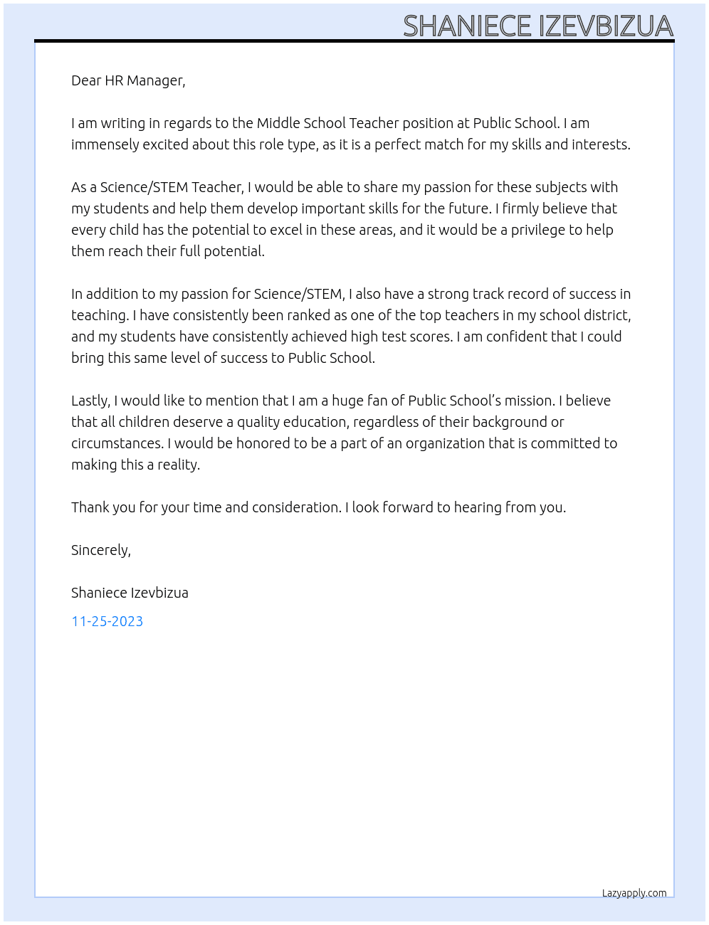 Middle School Teacher  At Public School Cover Letter