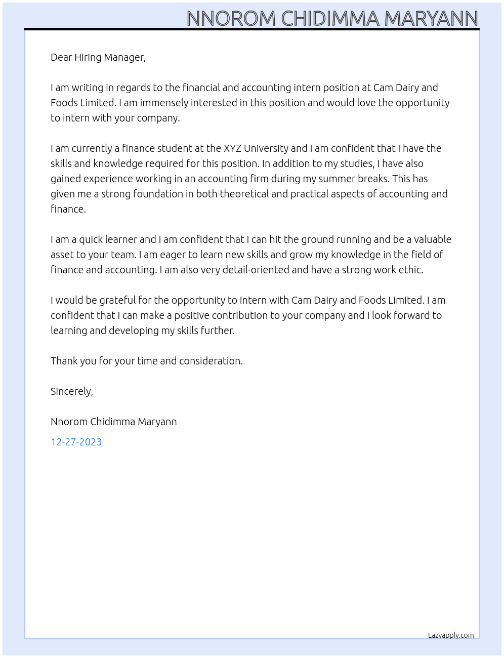 Financial and accounting intern At Cam Dairy and Foods Limited  Cover Letter