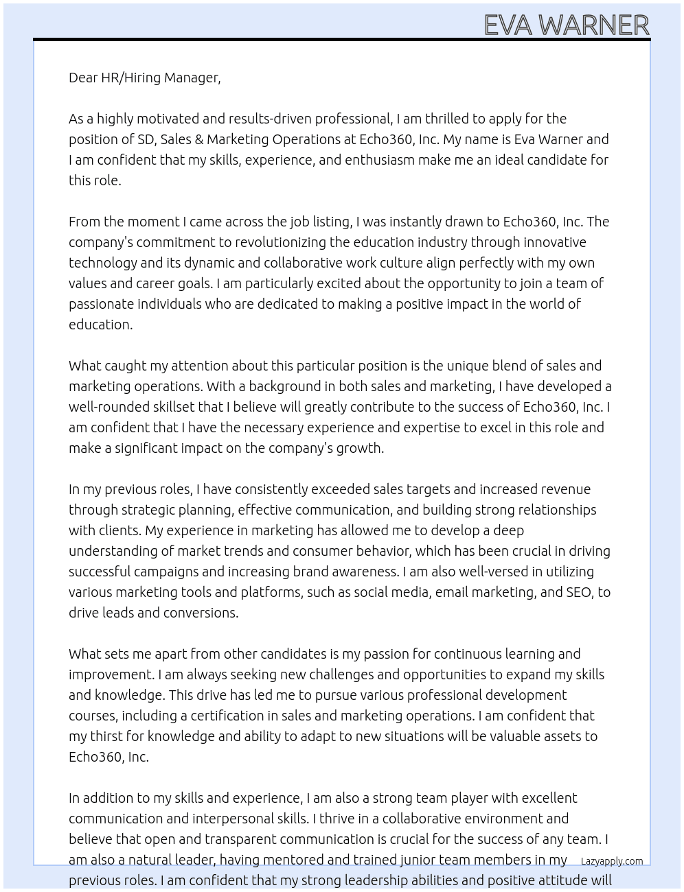 SD, Sales & Marketing Operations At Echo360, Inc Cover Letter