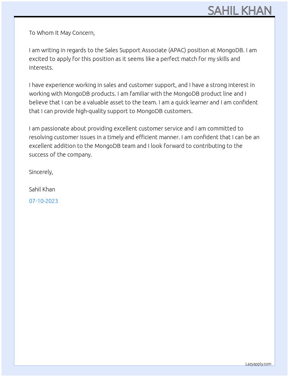 Sales Support Associate (APAC) At MongoDB Cover Letter