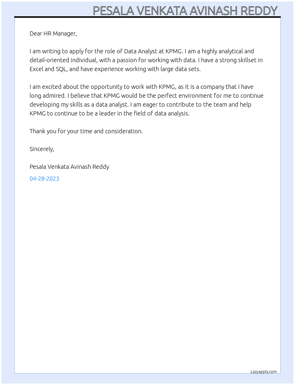 Data Analysis  At KPMG  Cover Letter