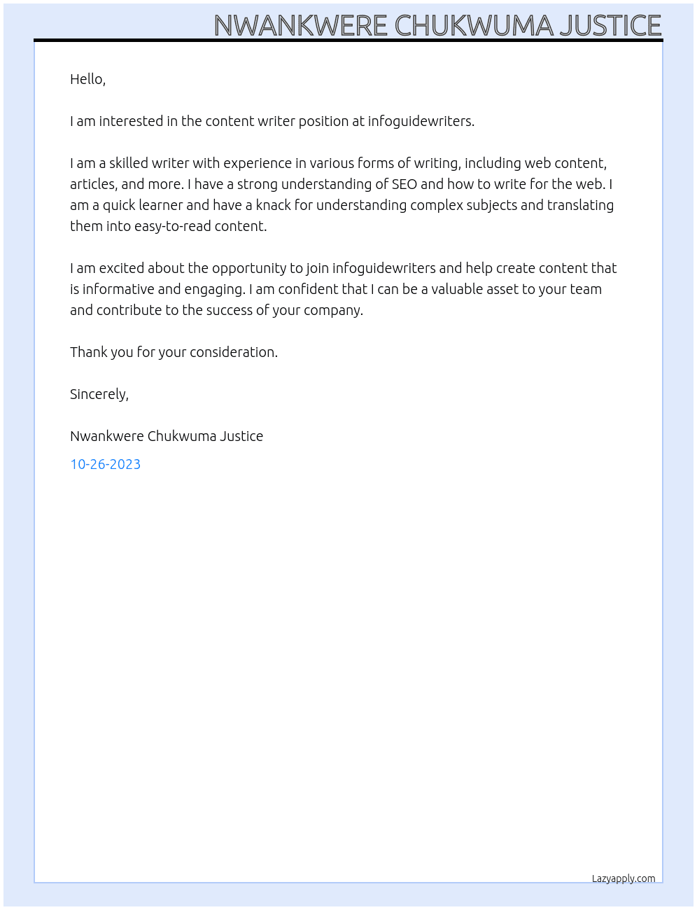 Content Writer At infoguidewriters Cover Letter
