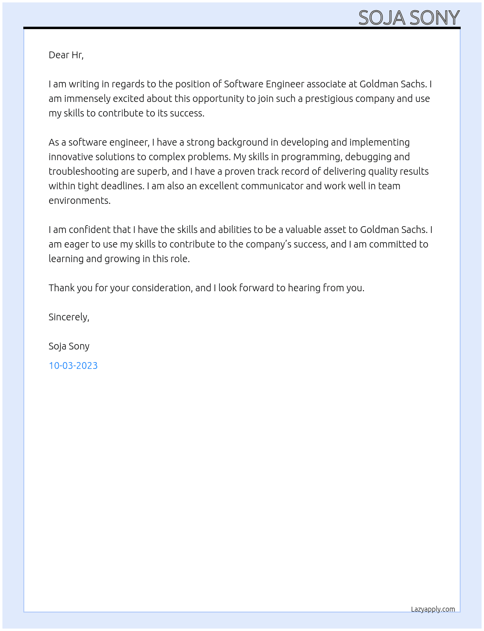 Software Engineer associate At Goldman Sachs Cover Letter