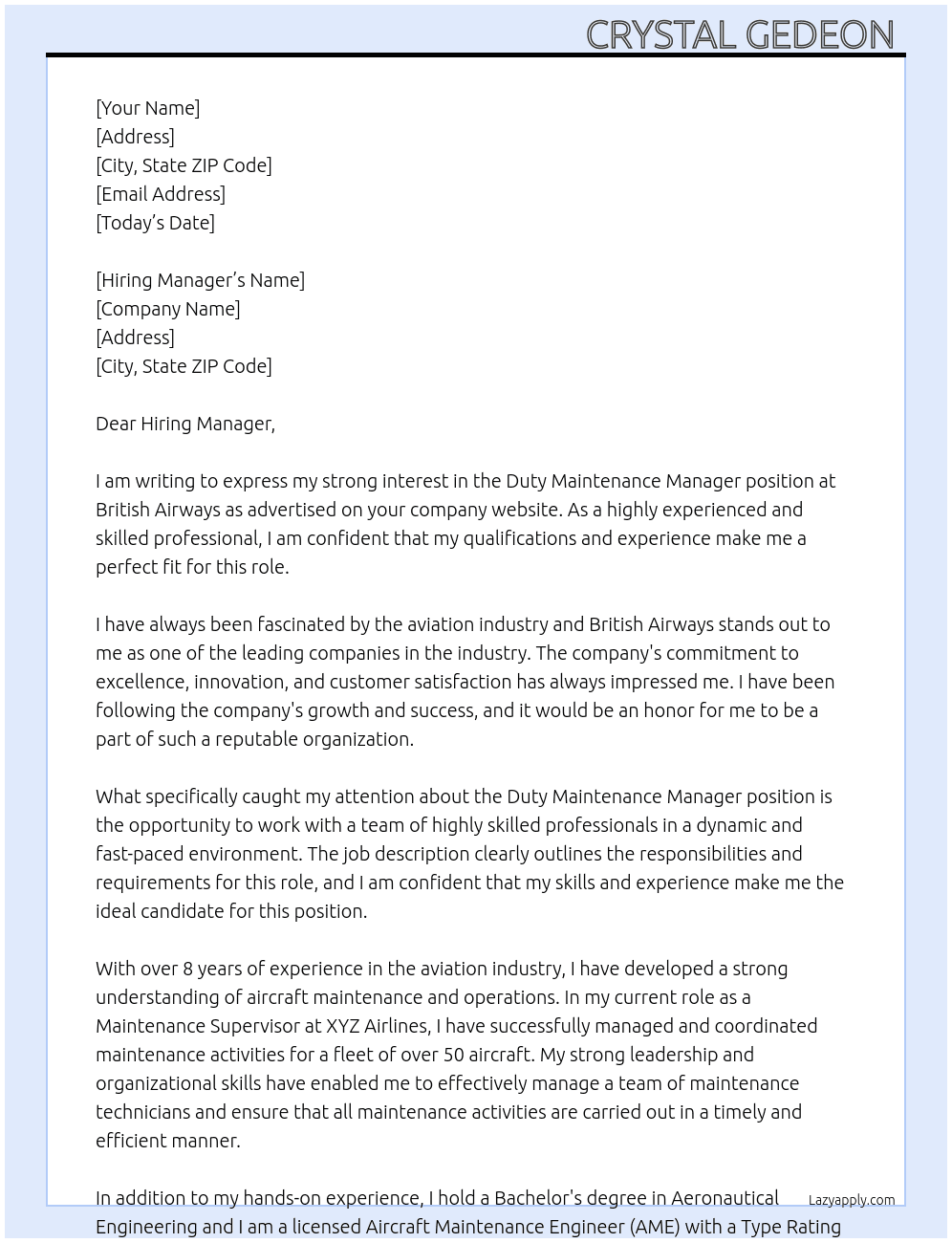 Duty Maintenance Manager At British Airways  Cover Letter