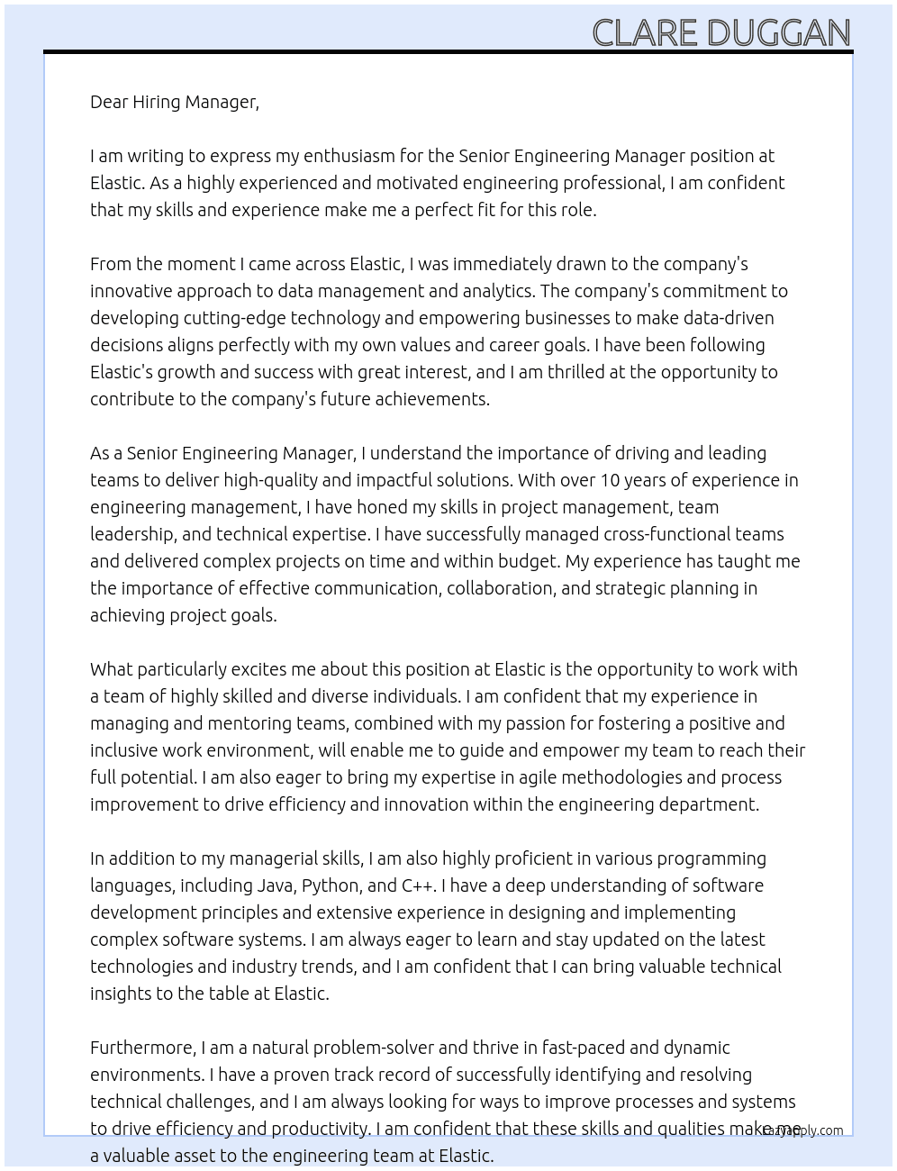 Senior Engineering Manager At Elastic  Cover Letter