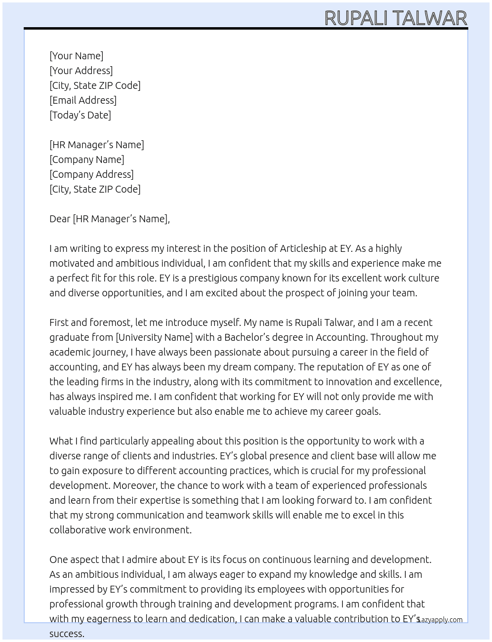 Articleship  At EY Cover Letter