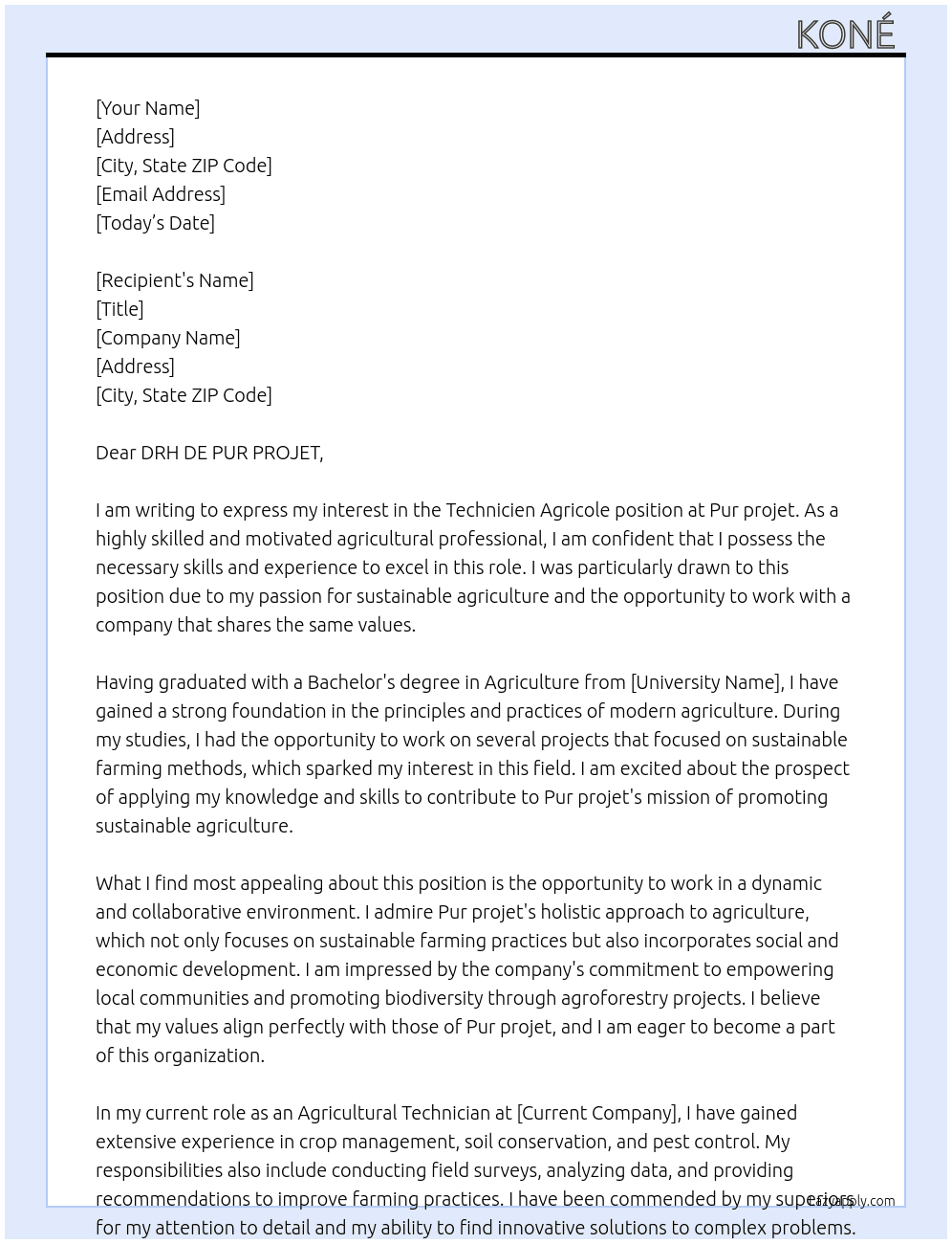 Technicien Agricole  At Pur projet Cover Letter
