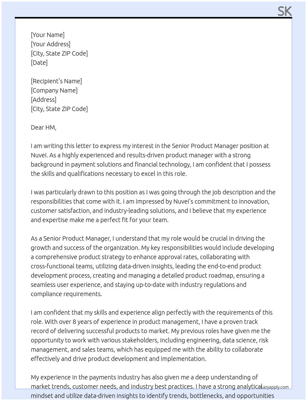 Senior product Manager At Nuvei Cover Letter