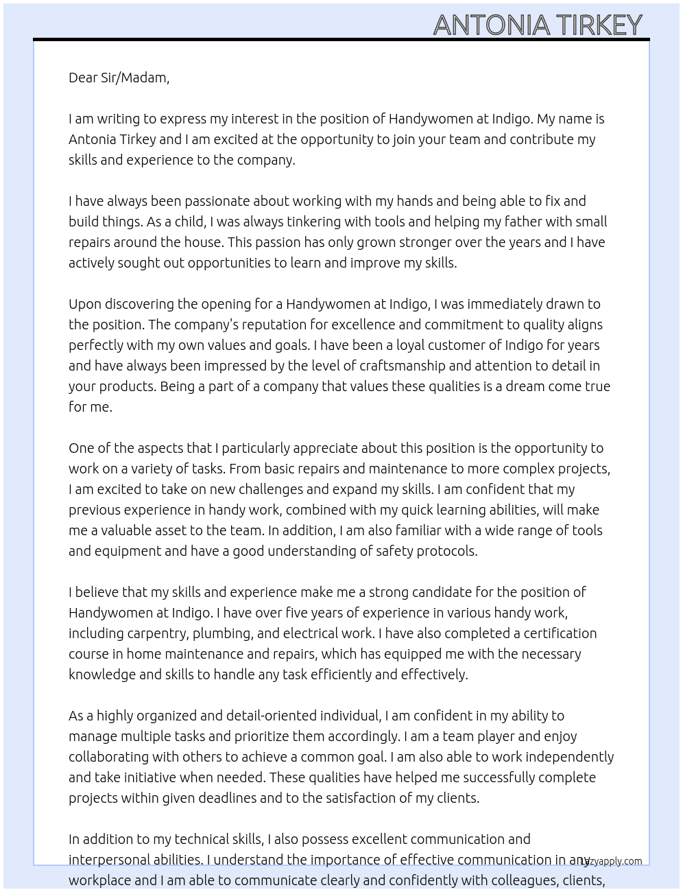 Cover letter for handywomen - LazyApply
