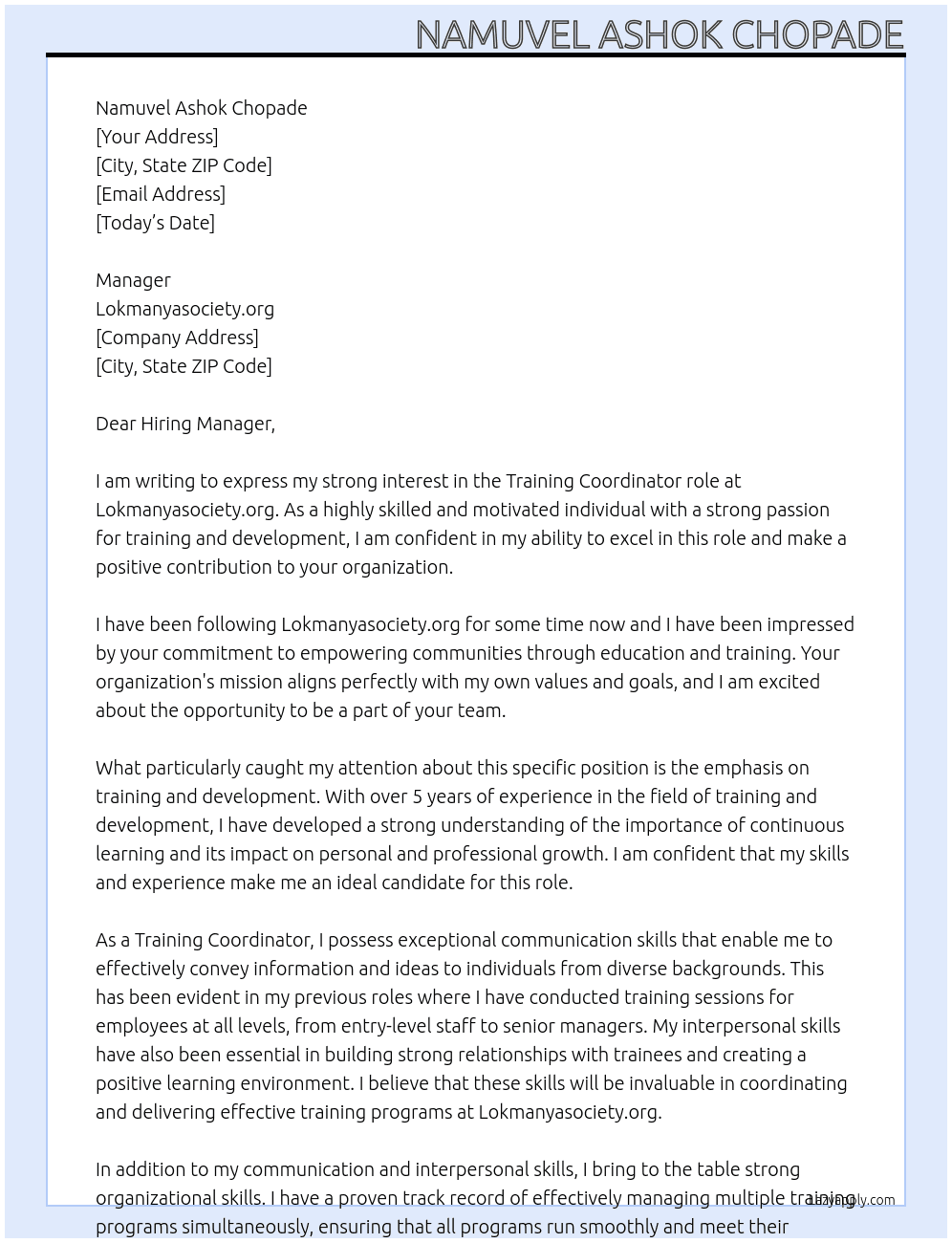 Training Coordinator At lokmanyasociety.org Cover Letter