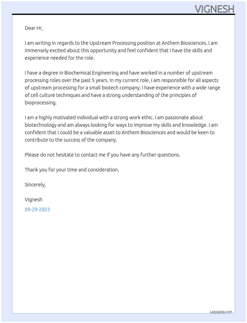 Upstream processing  At Anthem biosciences  Cover Letter