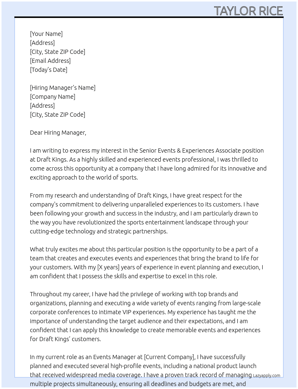 SENIOR EVENTS & EXPERIENCES ASSOCIATE At Draft Kings Cover Letter