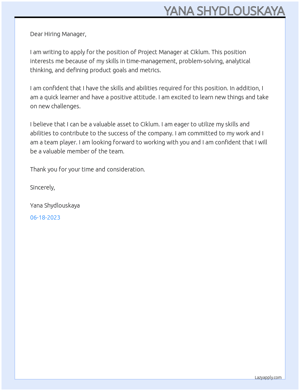 Project Manager At Ciklum Cover Letter