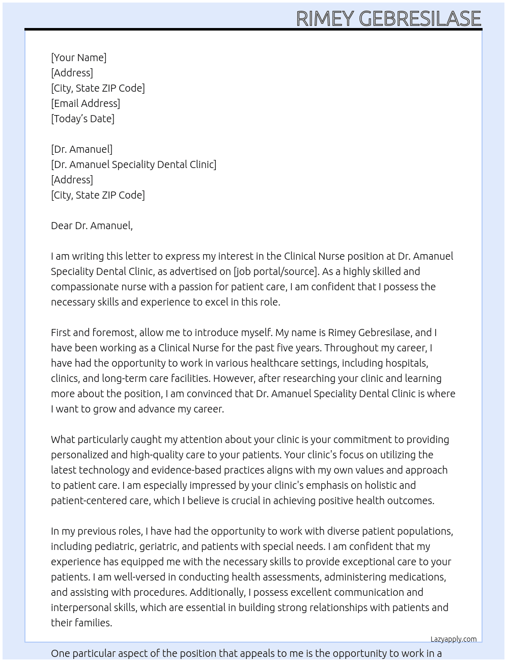 Clinical nurse At Dr. Amanuel Speciality Dental Clinic Cover Letter