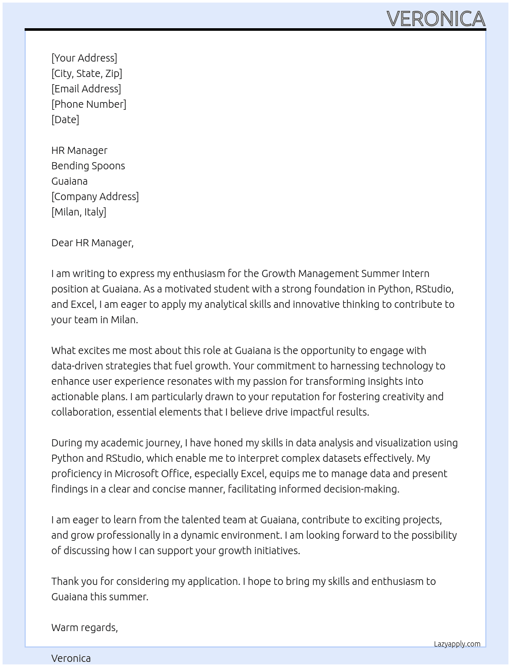 Growth Management summer intern At Guaiana Cover Letter
