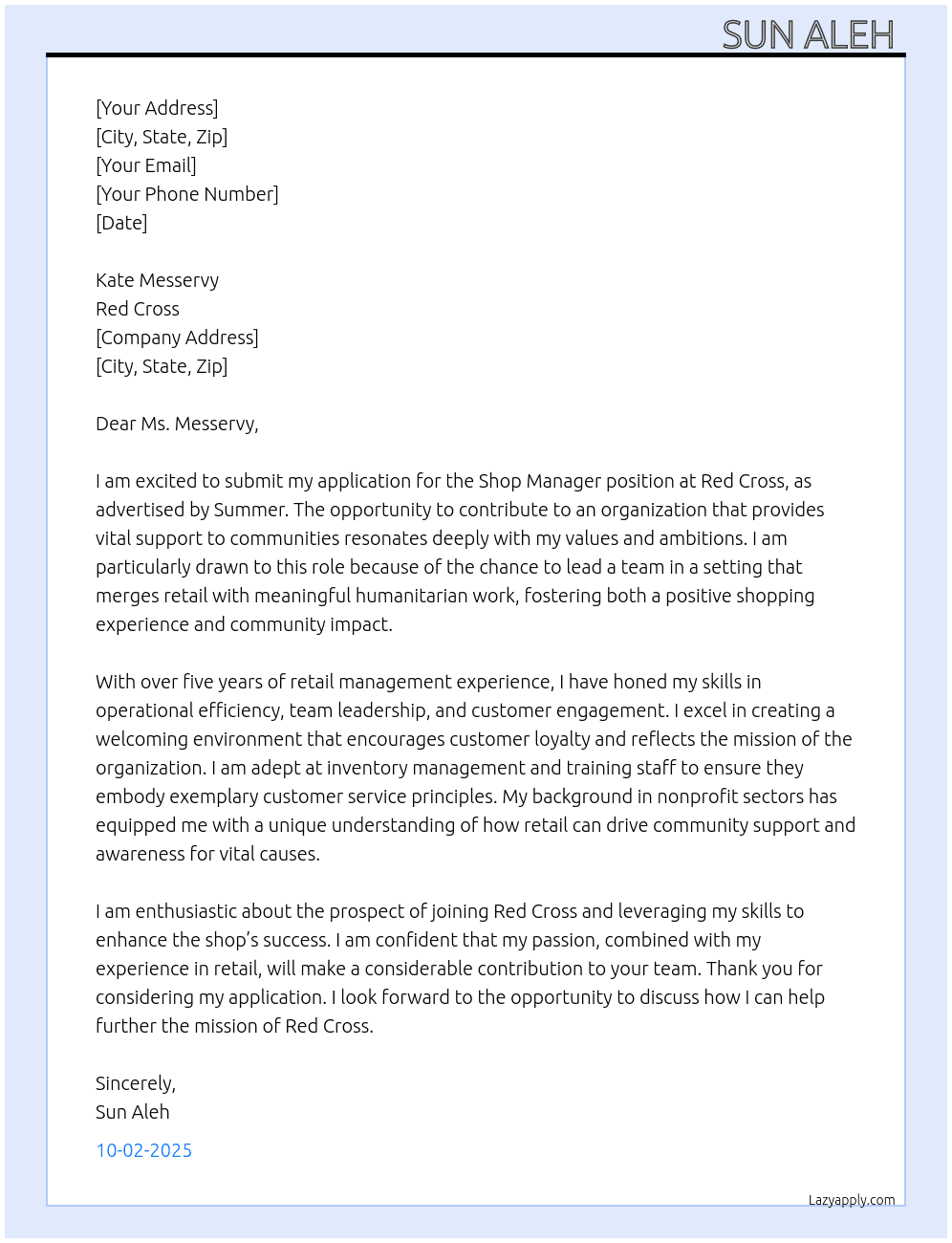 Shop Manager - Red Cross  At Summer  Cover Letter