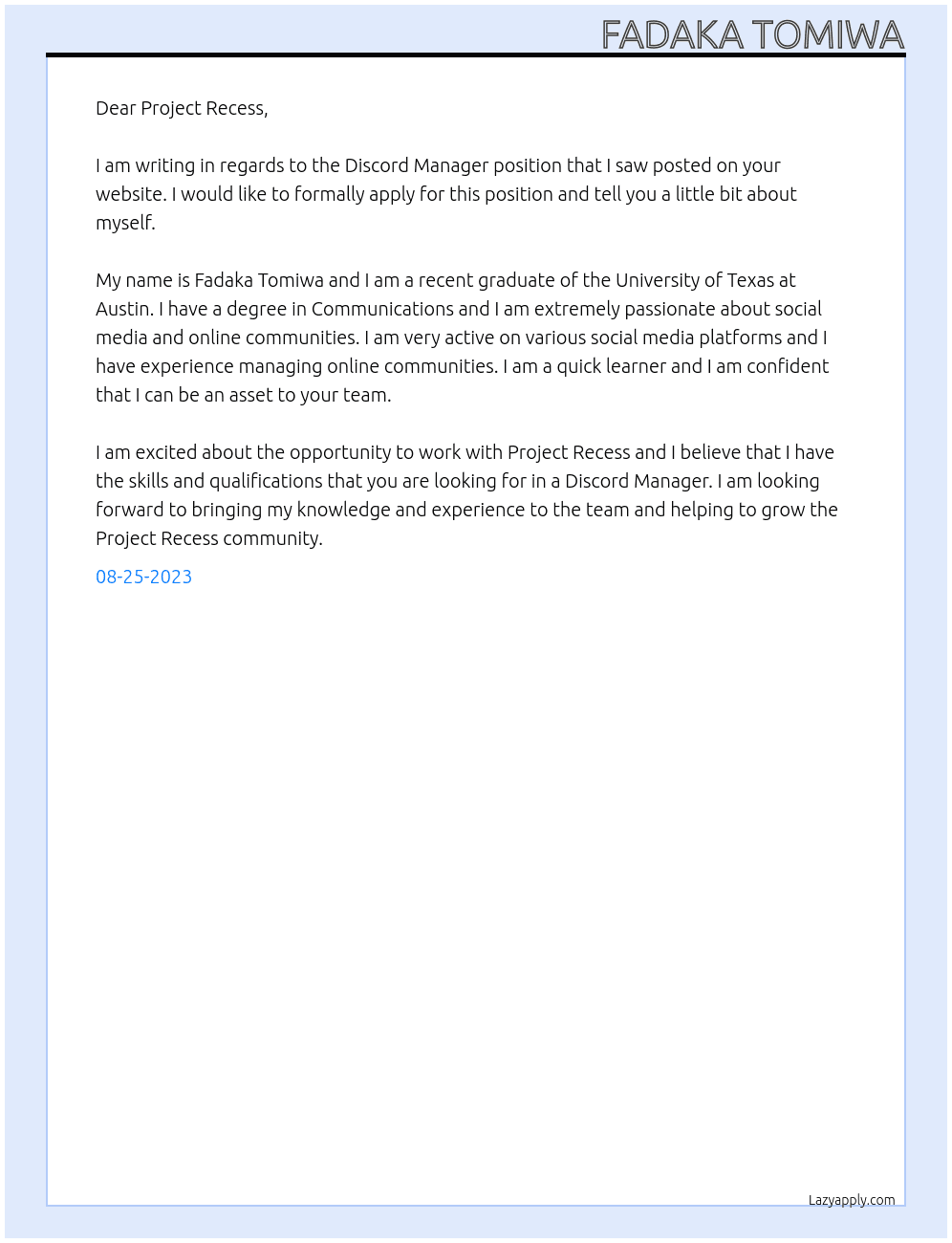 discord manager At  Project Recess Cover Letter
